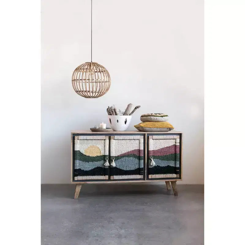 Console en bois de manguier motif crème : Portes en corde tressée, Rangement divisé, Assemblage sans outils