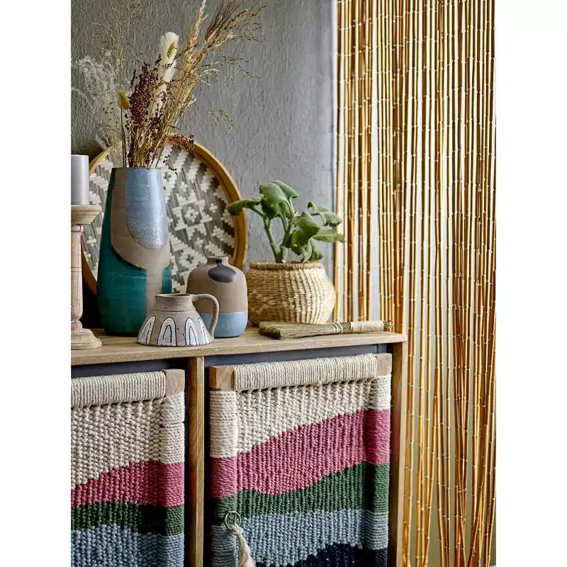 Console en bois de manguier motif crème : Portes en corde tressée, Rangement divisé, Assemblage sans outils