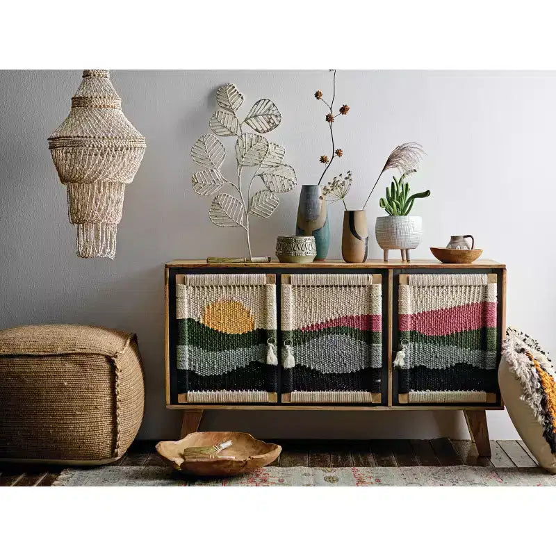 Console en bois de manguier motif crème : Portes en corde tressée, Rangement divisé, Assemblage sans outils