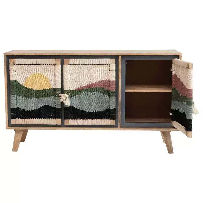 Console en bois de manguier motif crème : Portes en corde tressée, Rangement divisé, Assemblage sans outils