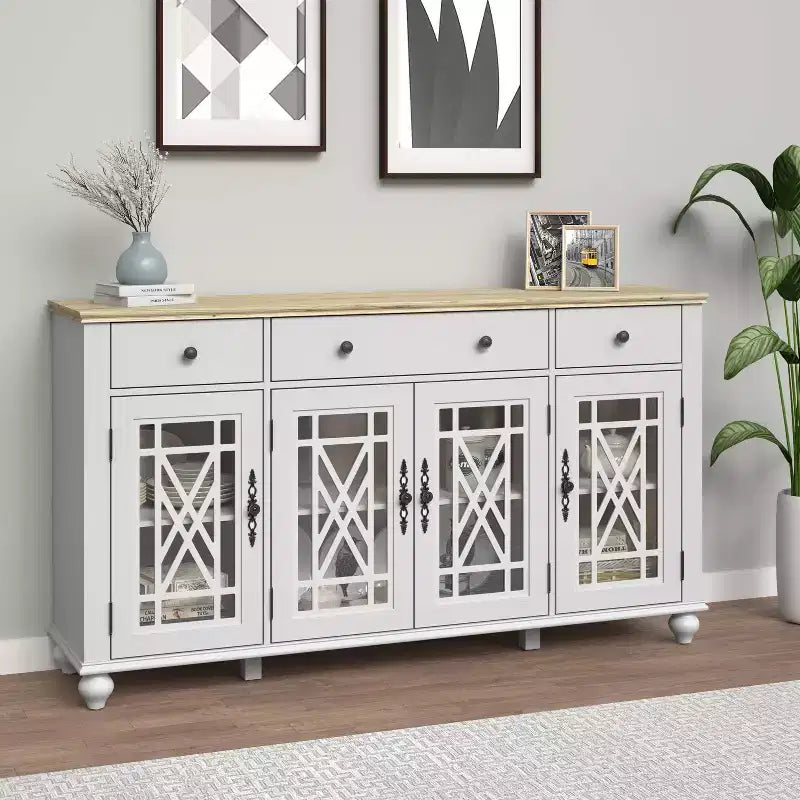 Buffet d'appoint de style vintage de 160 cm avec tiroirs, coloris blanc