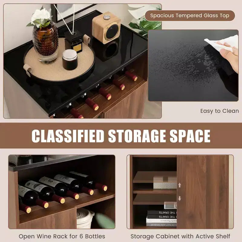 Buffet de rangement pour vin avec étagère réglable et porte coulissante pour la cuisine