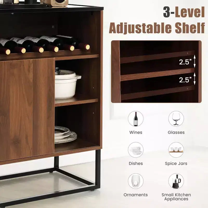 Buffet de rangement pour vin avec étagère réglable et porte coulissante pour la cuisine