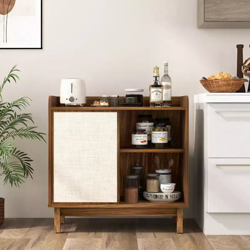 Buffet de salle à manger en rotin style ferme avec porte coulissante et 2 étagères réglables