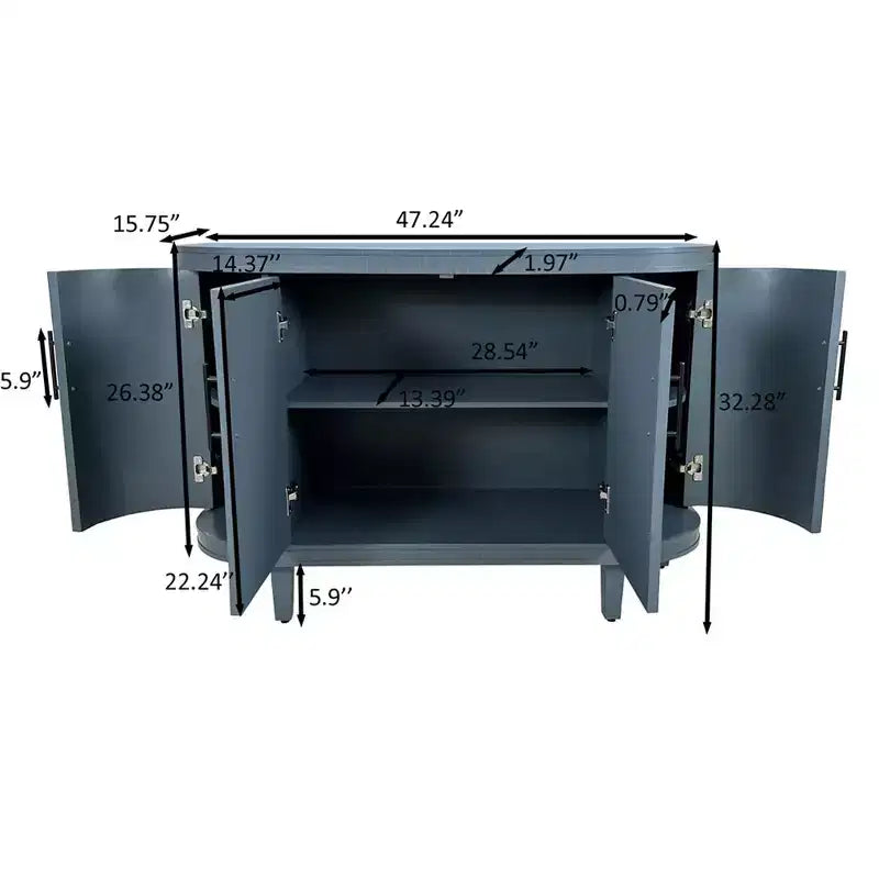 Bahut incurvé moderne de 120 cm, Meuble de rangement décoratif, Table console en bois, Meuble de bar à café avec 4 portes et étagères intérieures réglables