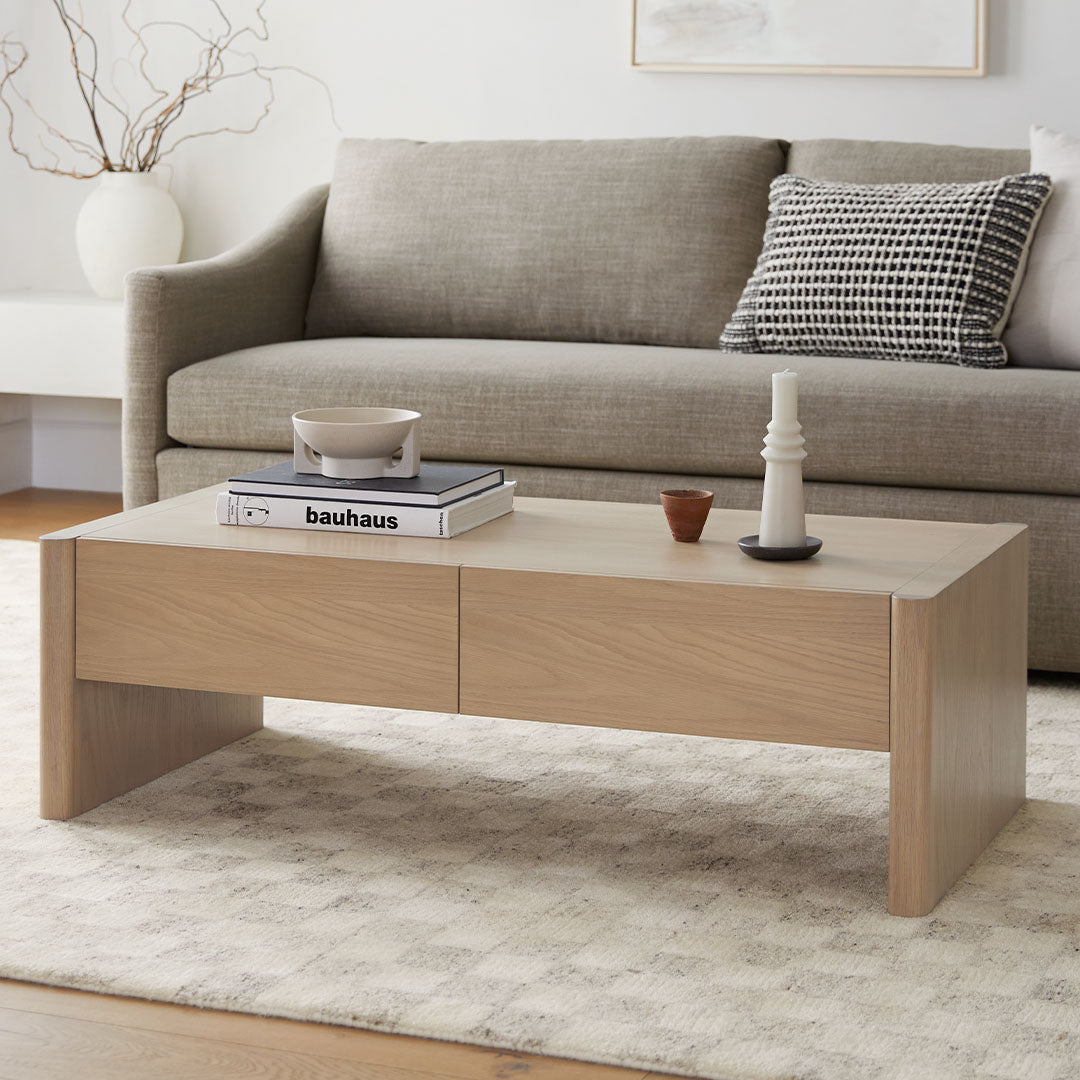 Table basse en chêne blanc scandinave avec tiroir de rangement profond et plateau rond pour salon