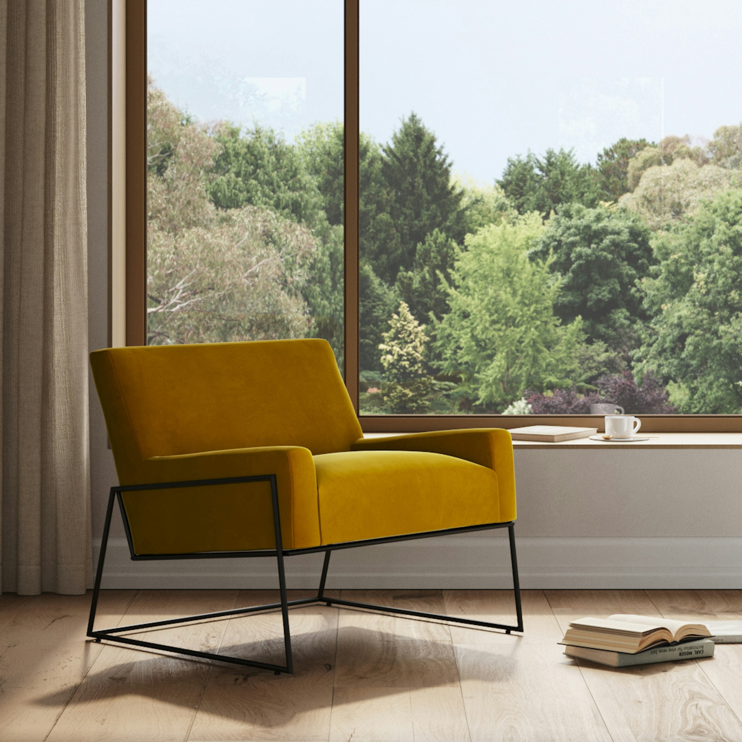 Fauteuil moderne en tissu doré moutarde avec structure en aluminium thermolaqué pour le salon