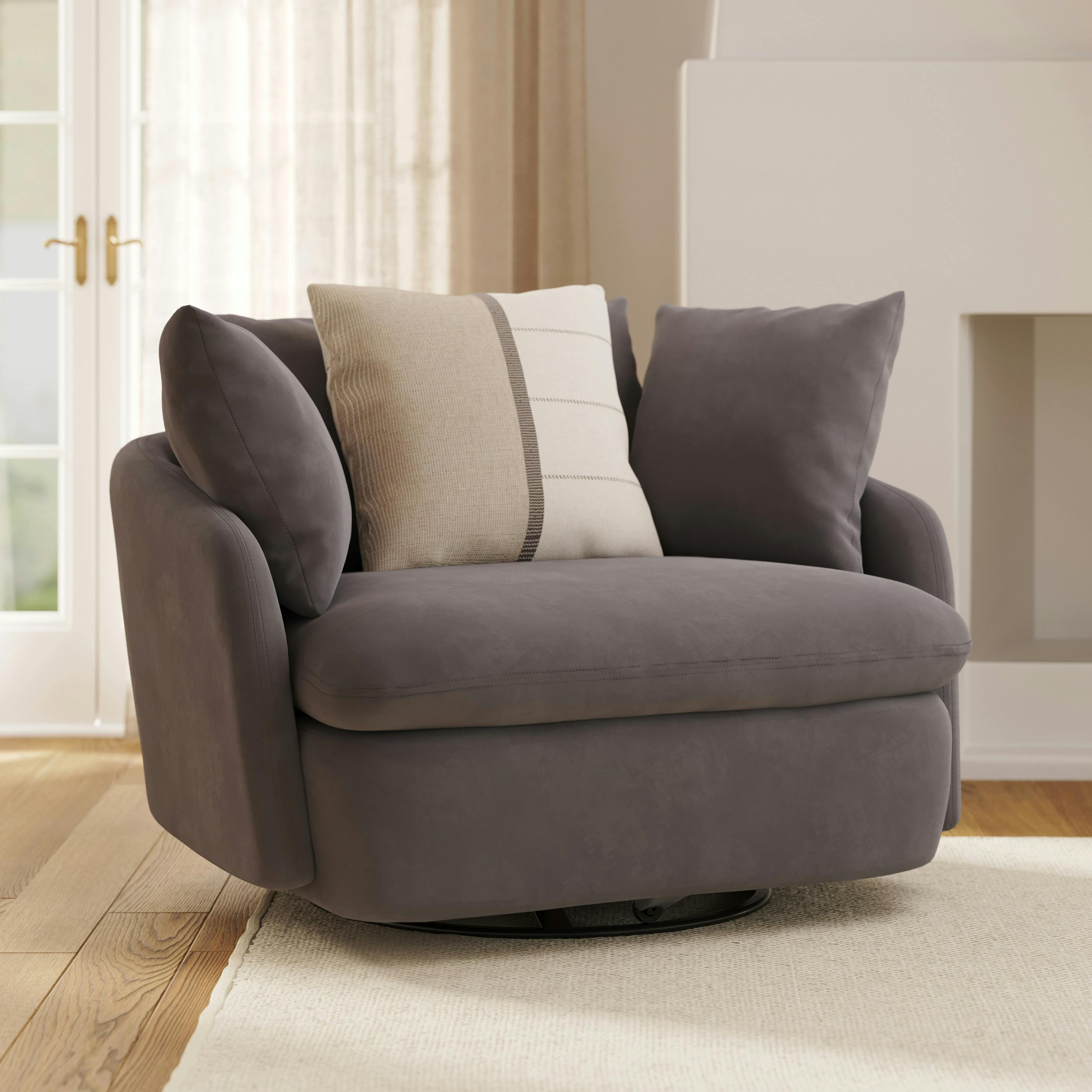 Fauteuil pivotant contemporain en velours Performance rouille brûlée avec coussins de dossier réversibles pour salon