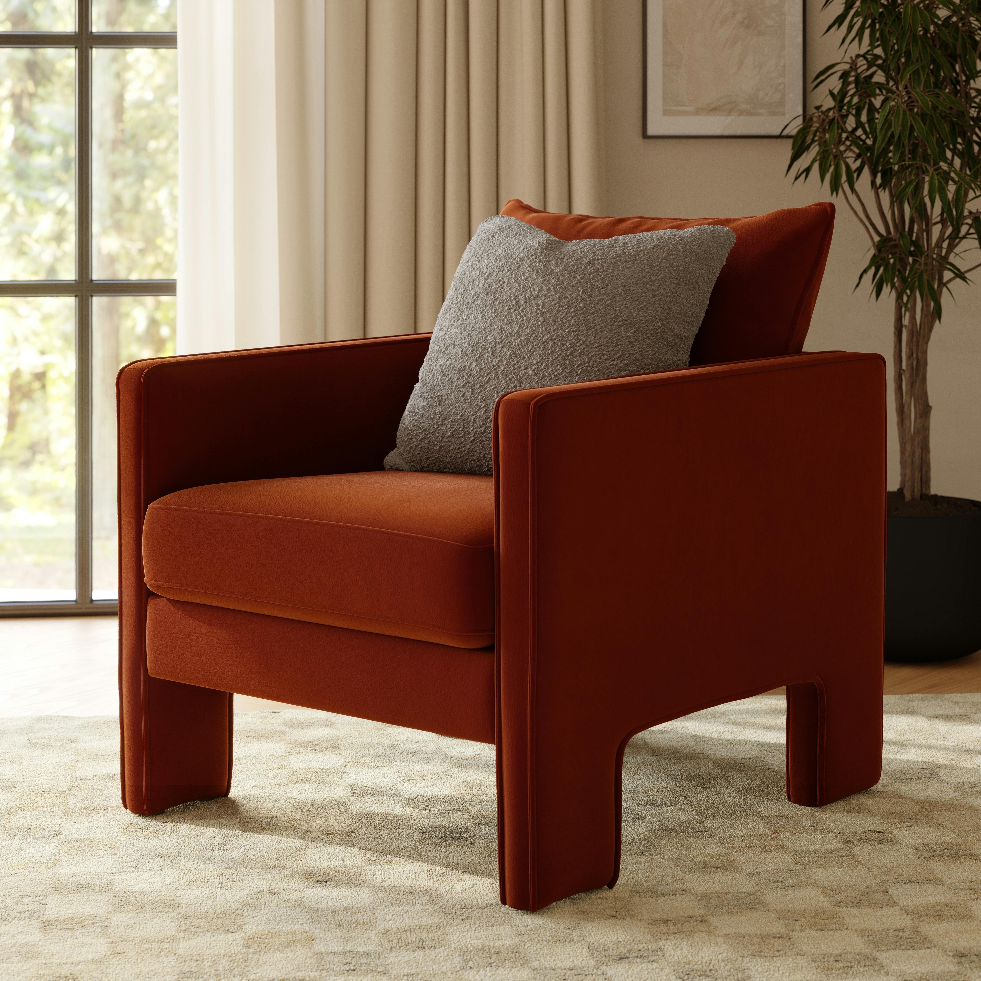 Fauteuil lounge en tissu bleu marine moderne avec structure en bois de noyer et pieds fuselés pour salon