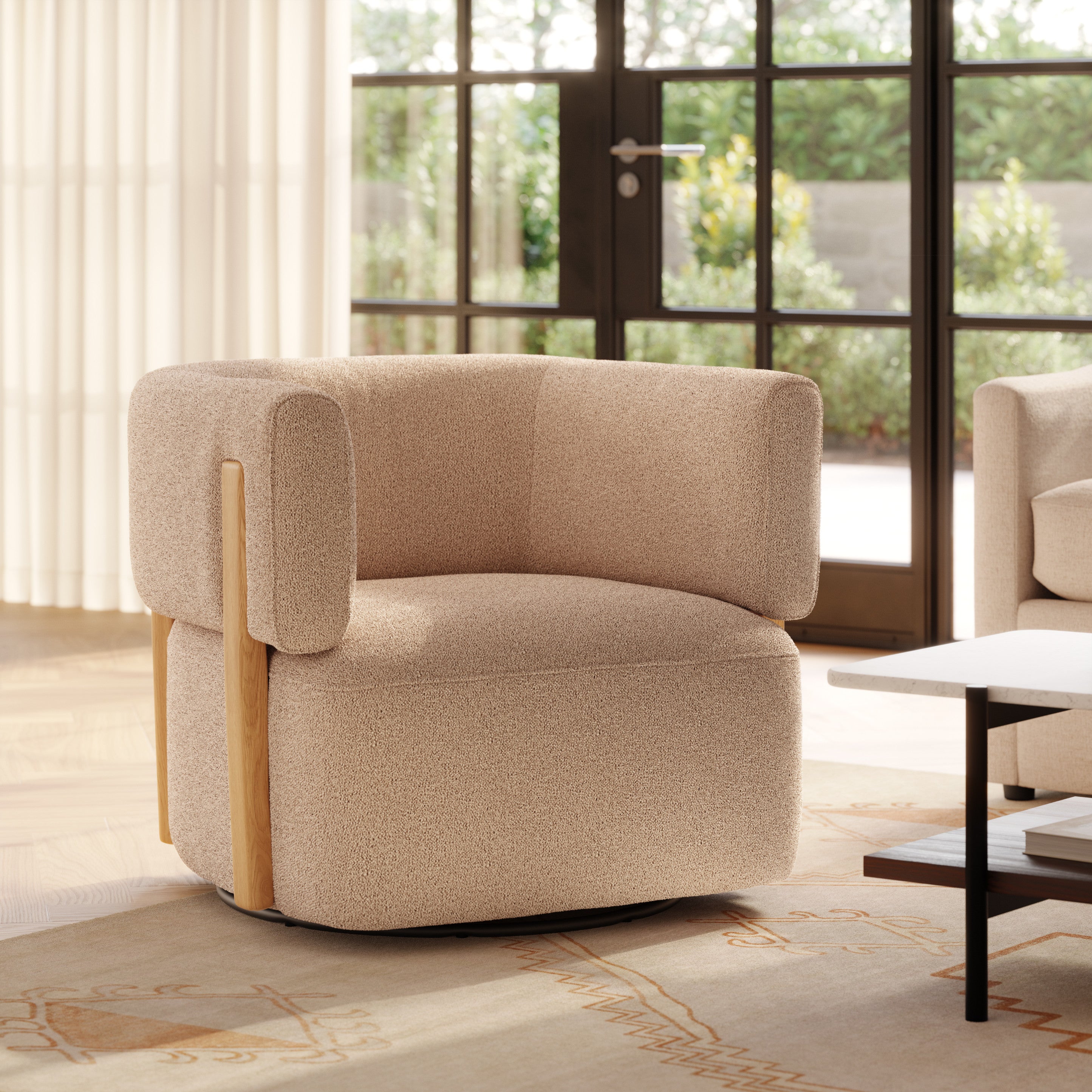 Fauteuil pivotant moderne en tissu bouclé couleur sable avec pivotement à 360° et coussin rembourré en fibres pour le salon