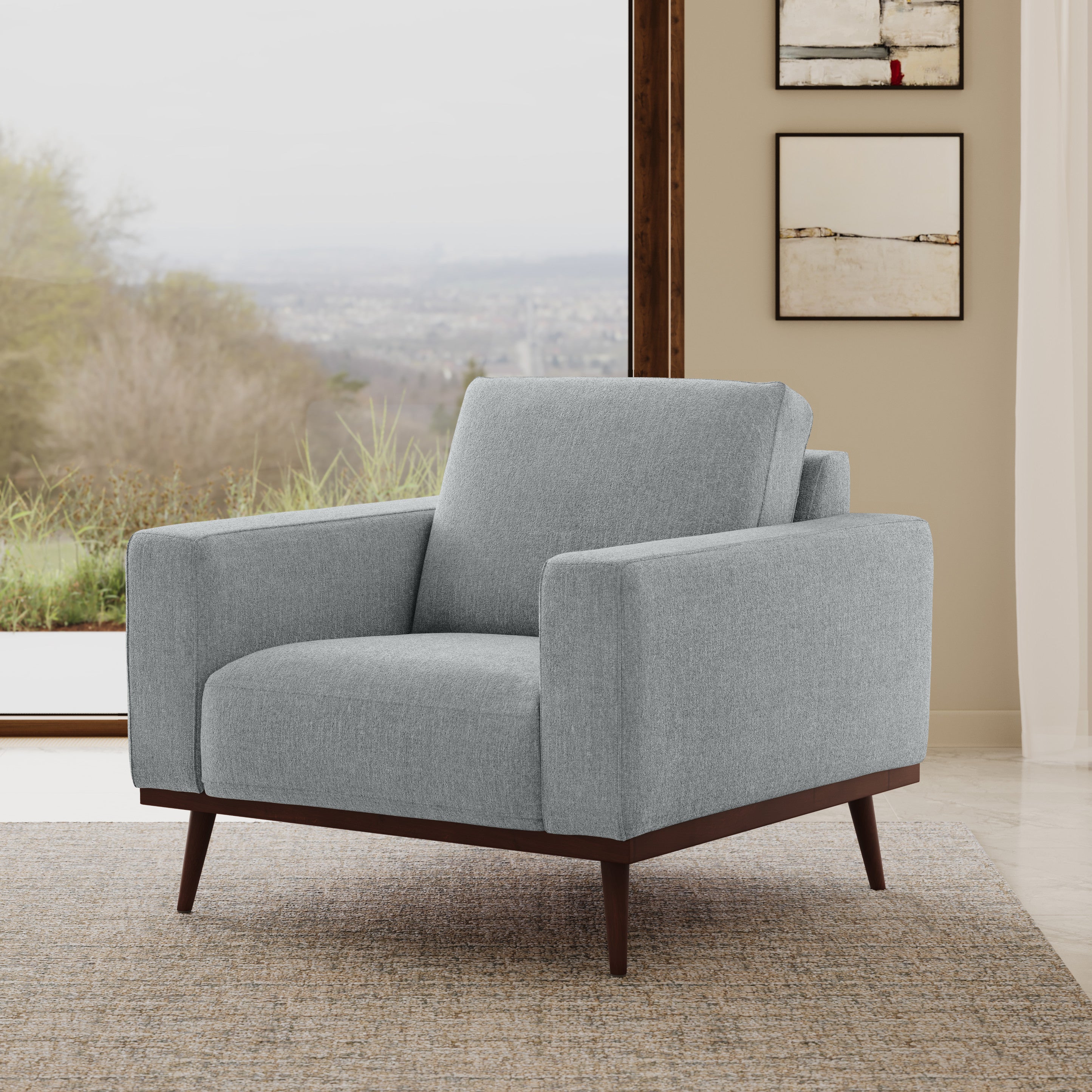 Fauteuil de salon contemporain en tissu bleu-gris clair avec piètement pivotant et assise profonde pour le salon