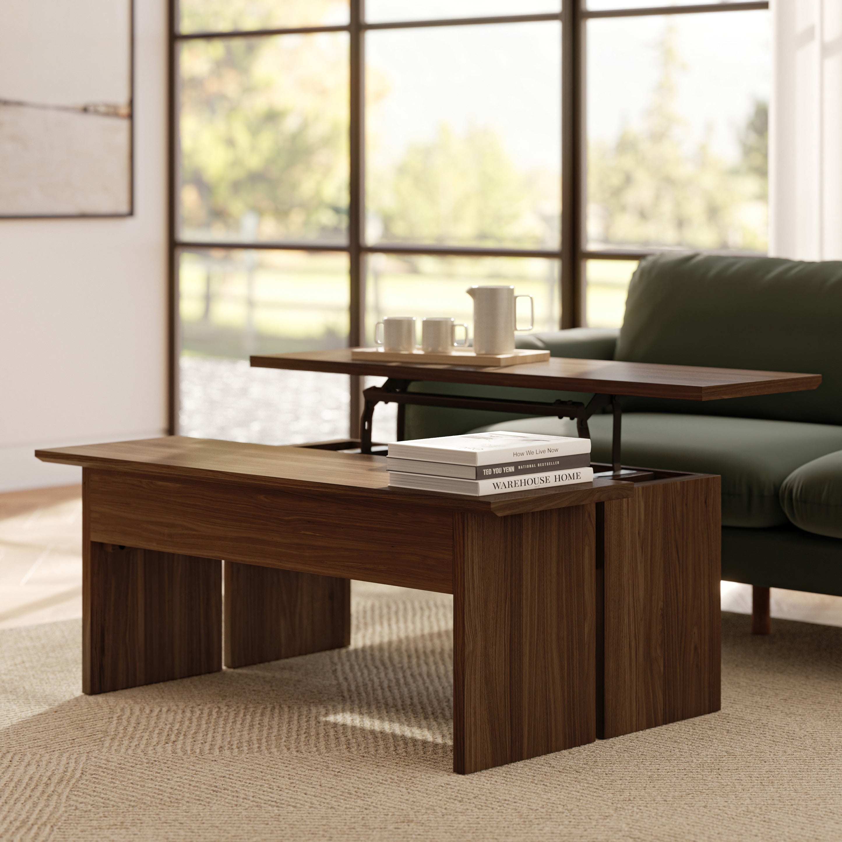 Table basse côtière en noyer avec plateau relevable de rangement et bureau convertible pour le salon