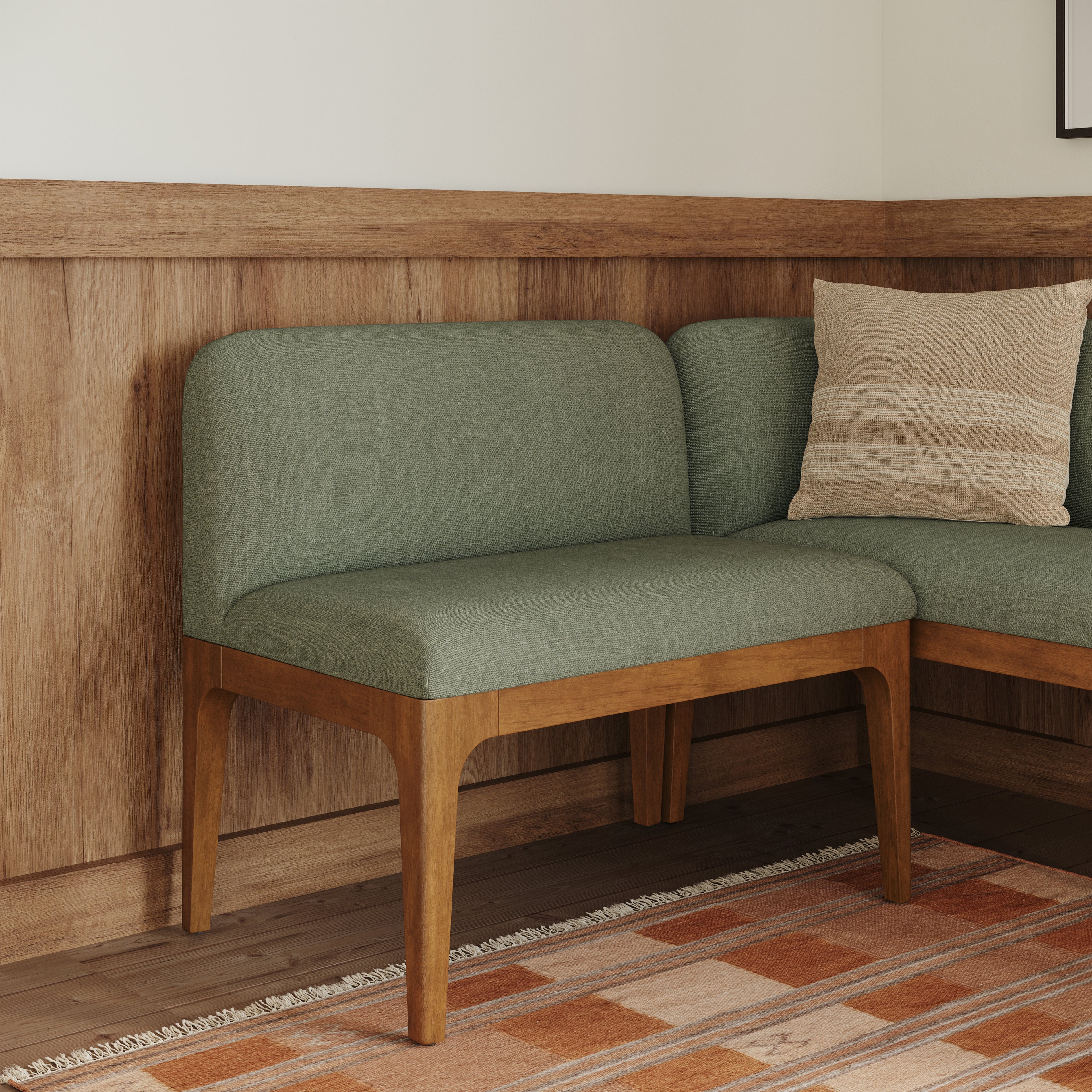 Banquette sans accoudoirs en bois massif vert forêt avec tissu testé à 50 000 frottements pour salle à manger