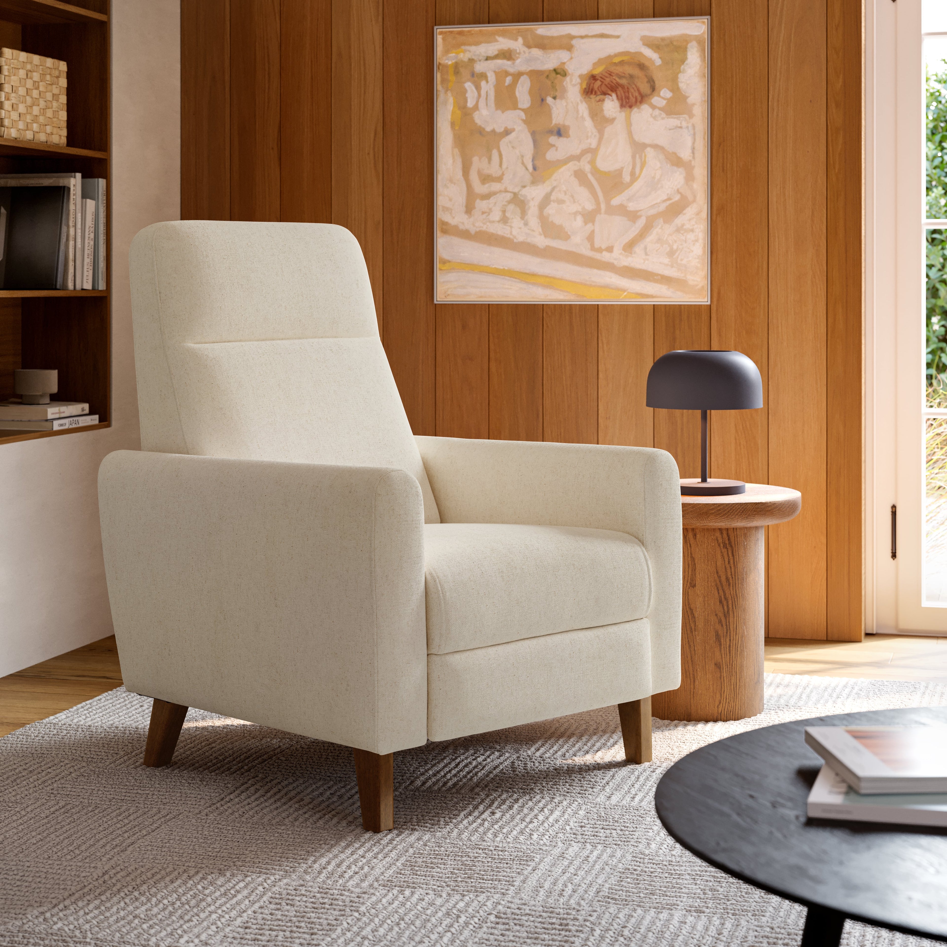 Fauteuil inclinable en tissu ivoire de style Mid-Century avec mécanisme à poussoir à 3 points pour le salon