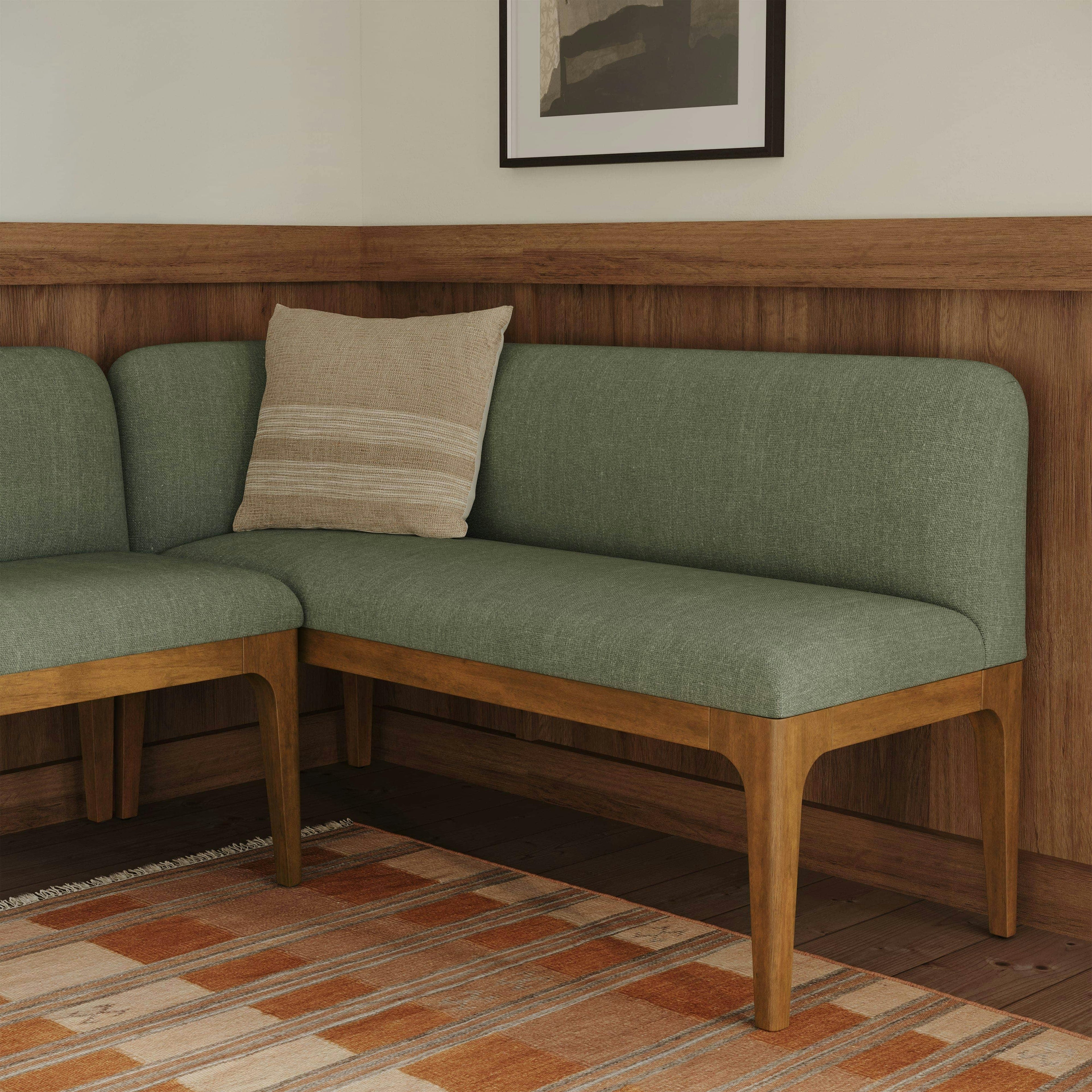 Banquette d'angle en bois massif vert forêt avec tissu testé à 50 000 frottements pour salle à manger