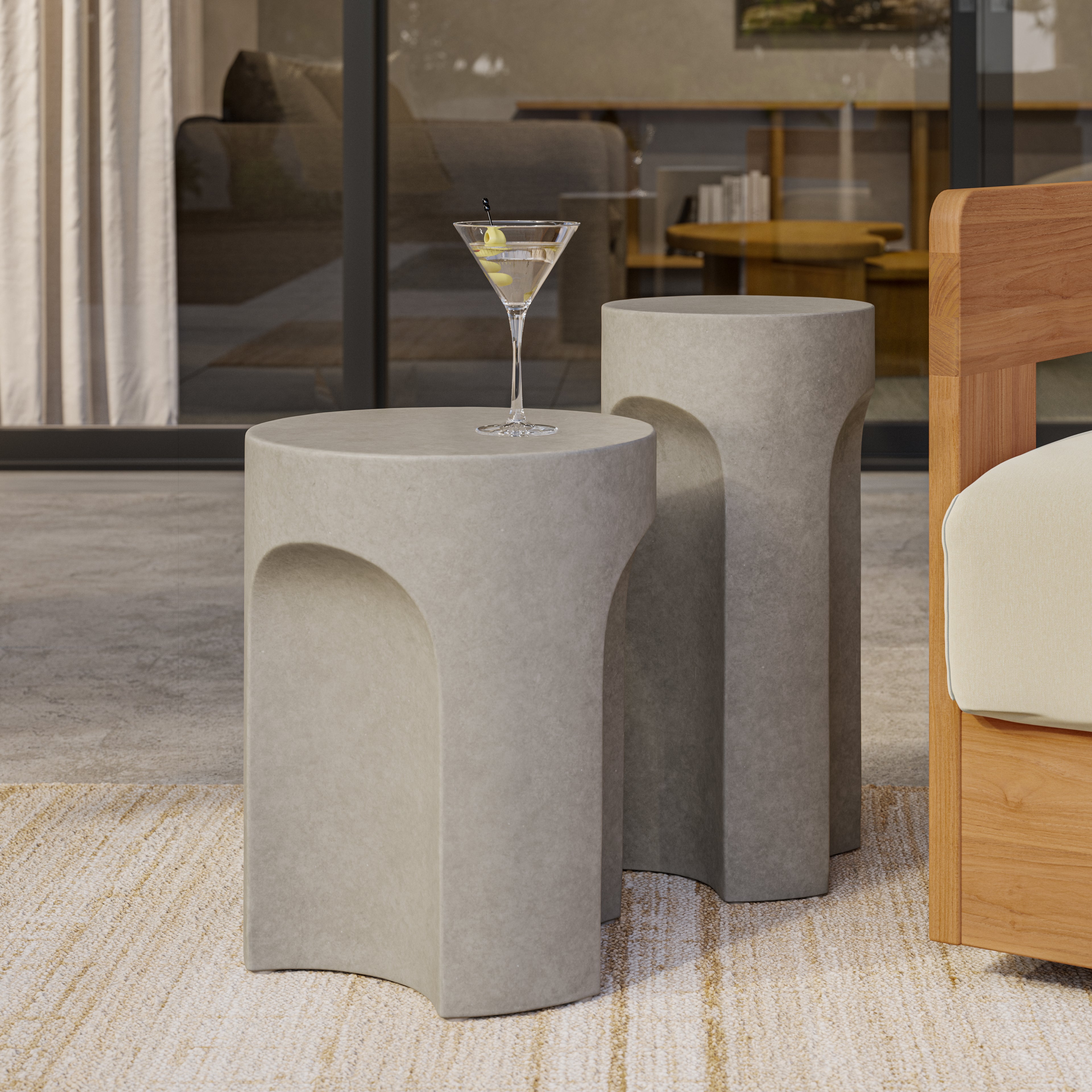 Table d'appoint minimaliste en béton gris avec base découpée en arche pour le salon