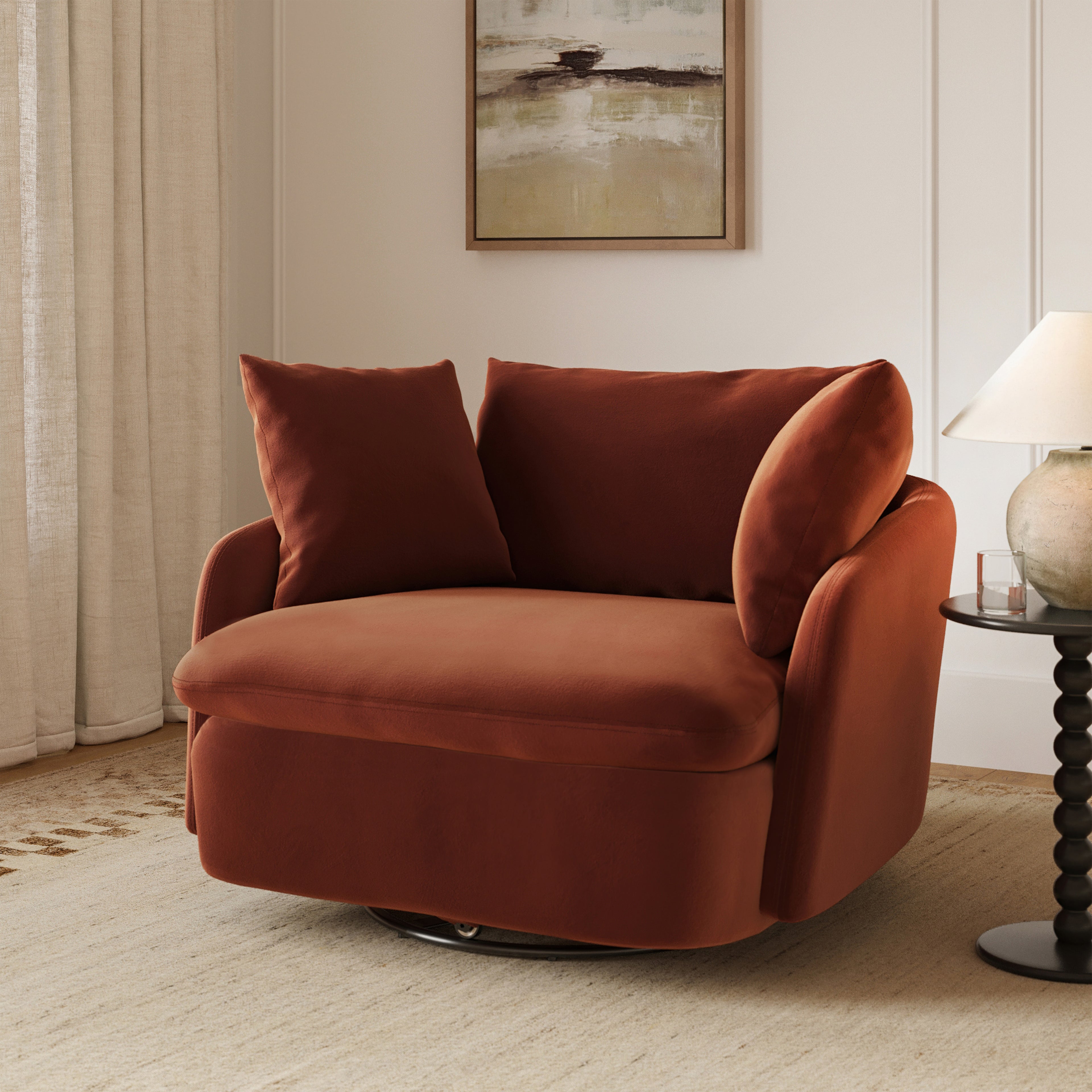 Fauteuil pivotant contemporain en velours performance rouille brûlée avec tissu résistant à la décoloration pour salon